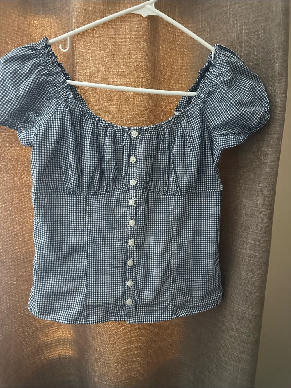 Hollister Blue Gingham Button-Front Puff Sleeve Top